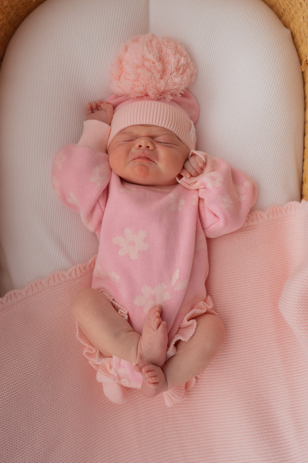 Knitted Pom Beanie | Daisy Pink Floral