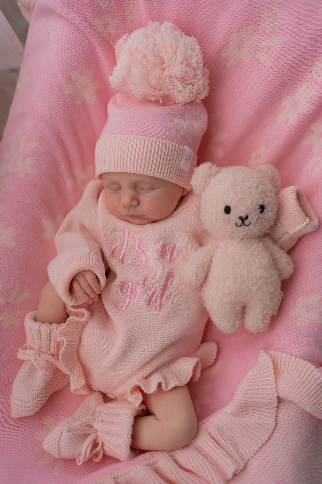 Knitted Pom Beanie | Daisy Pink Floral
