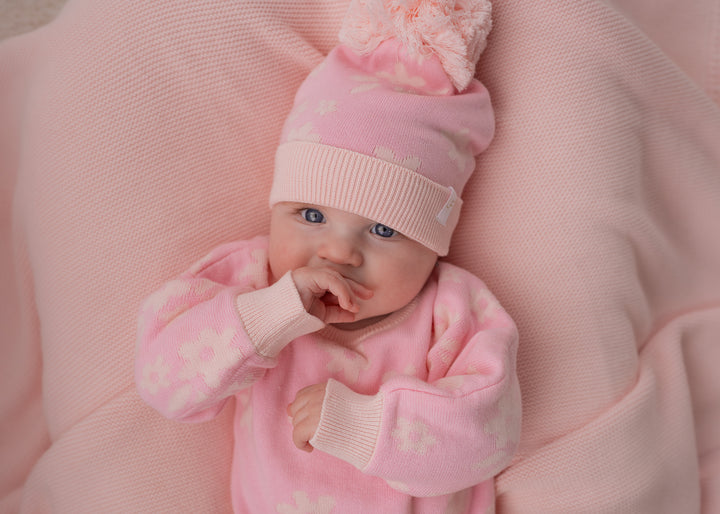 Knitted Pom Beanie | Daisy Pink Floral