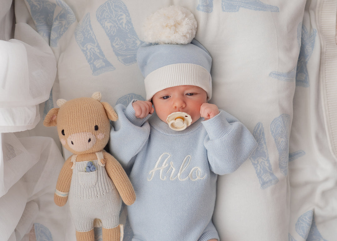 Knitted Pom Beanie |  Sky Blue Duo Tone