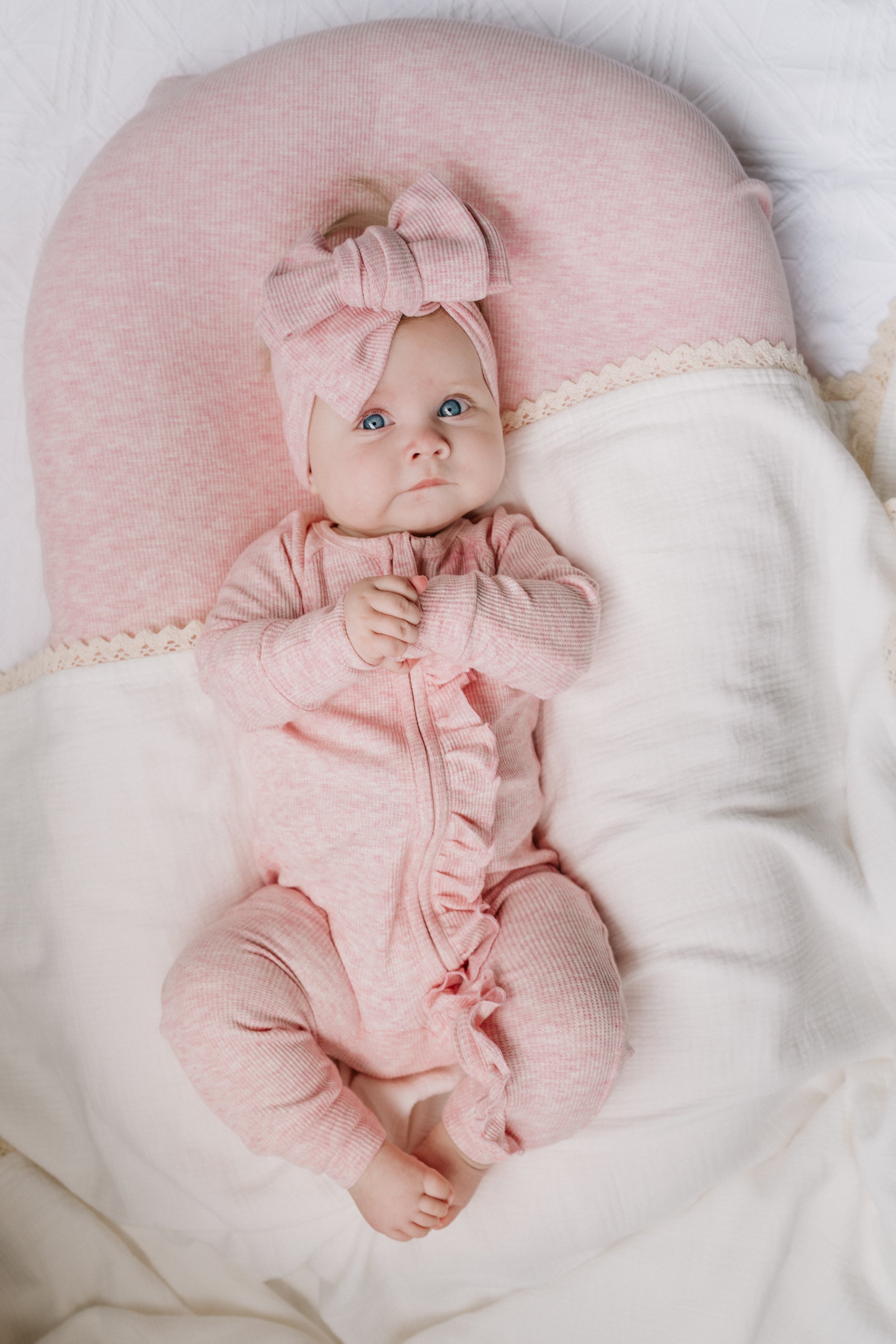Frill Zip Romper | Baby Pink Marle Waffle – Little and Fern