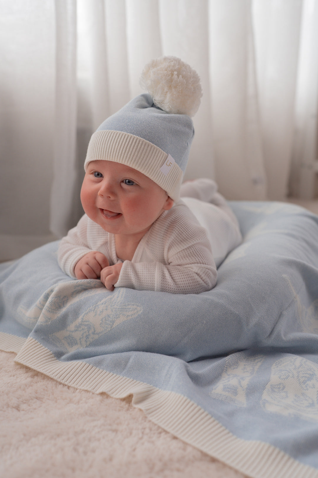 Knitted Pom Beanie |  Sky Blue Duo Tone