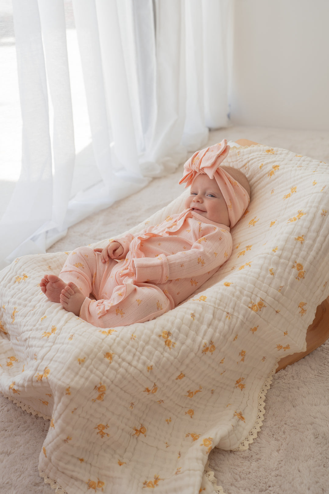 Essential Frill Zip Romper | Tiny Yellow Floral Pointelle