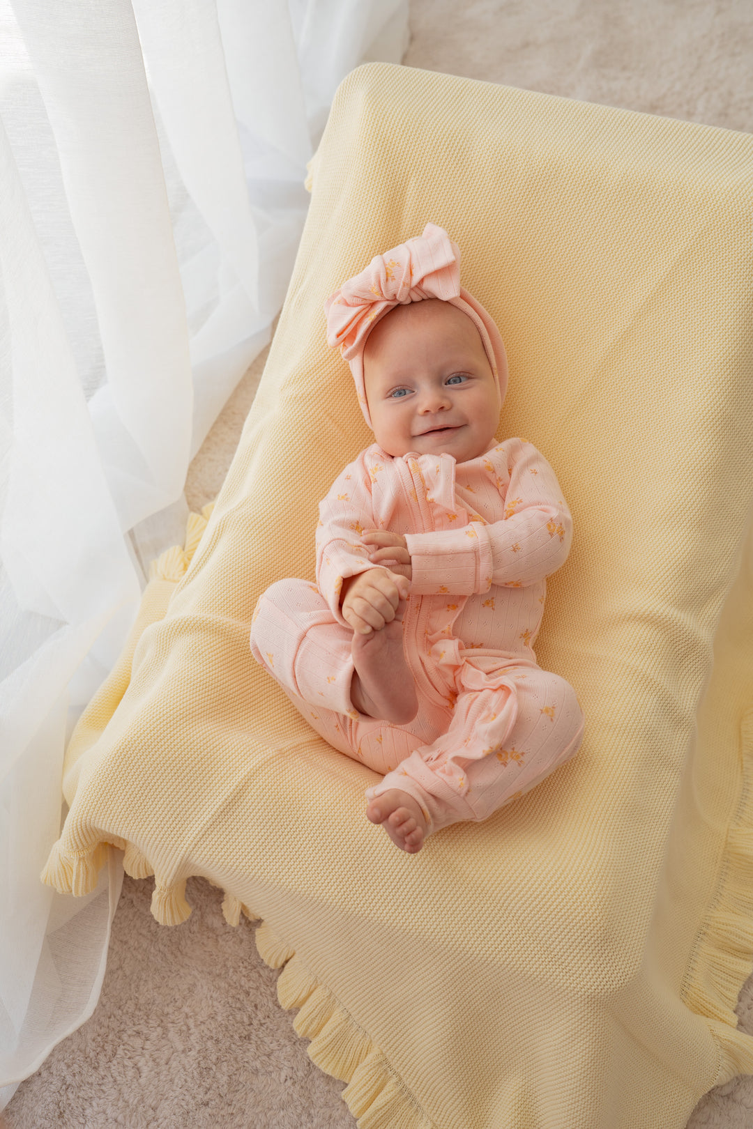 Essential Frill Zip Romper | Tiny Yellow Floral Pointelle