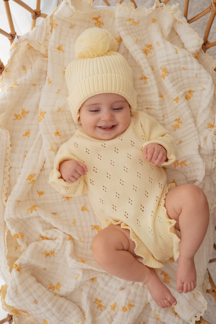 Frill Knit Pointelle Romper | Lemon