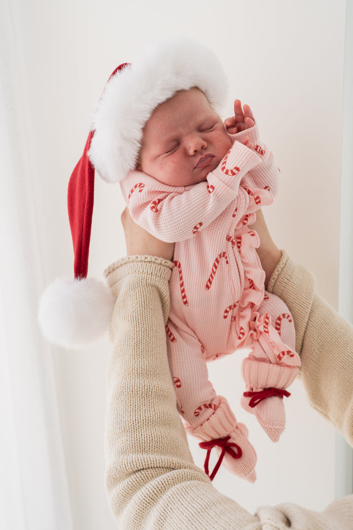 Frill Zip Romper | Pink Candy Cane Waffle | PRE-ORDER