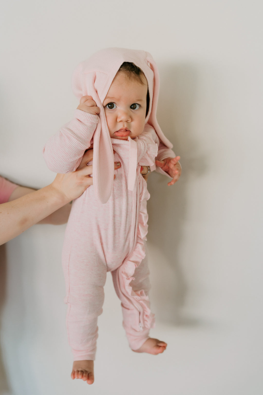 Frill Zip Romper | Baby Pink Marle Waffle