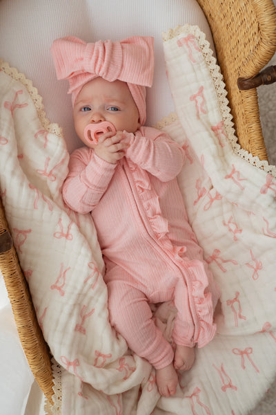 Frill Zip Romper | Peony Rib Pointelle – Little and Fern