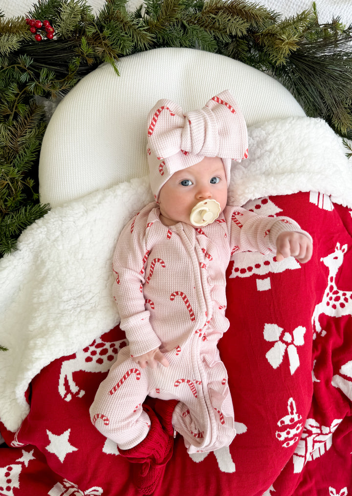 Frill Zip Romper | Pink Candy Cane Waffle