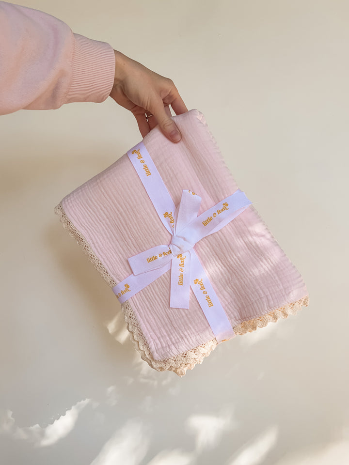 Muslin Crinkle Organic Lace Blanket | Baby Pink