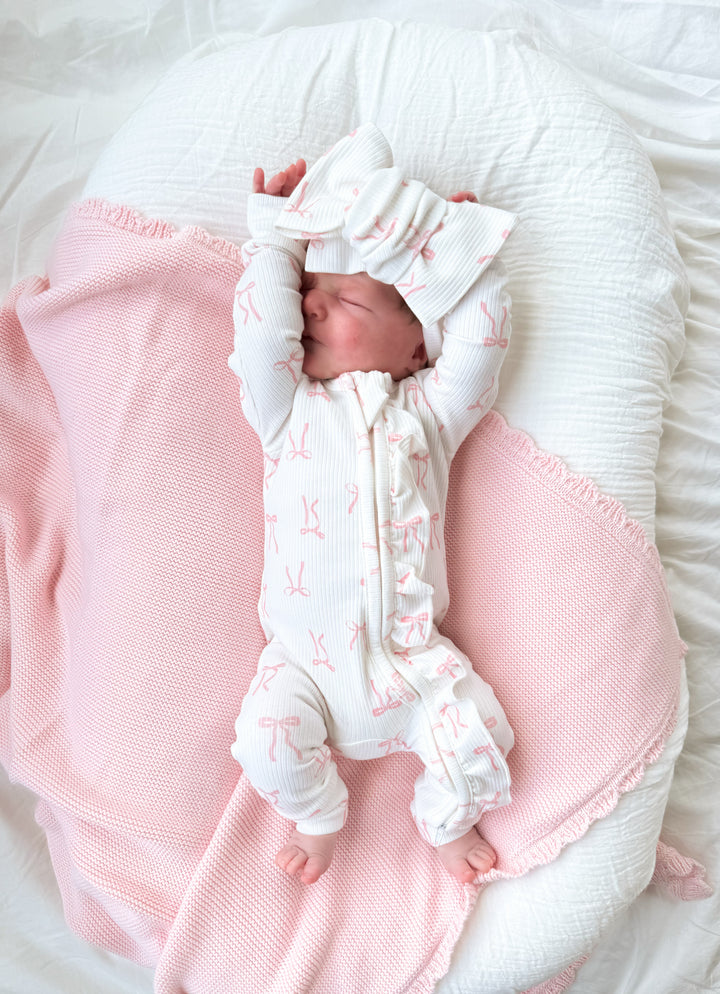 Frill Zip Romper | Pink Bows Rib *MARCH PRE-ORDER*