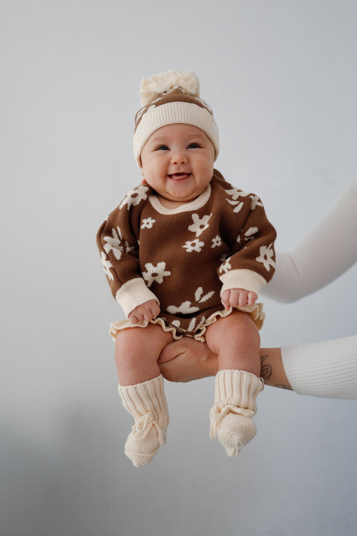 Frill Knit Romper | Daisy Floral Chocolate