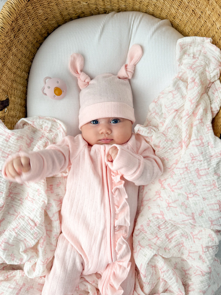 Essential Frill Zip Romper | Petal Pink Pointelle