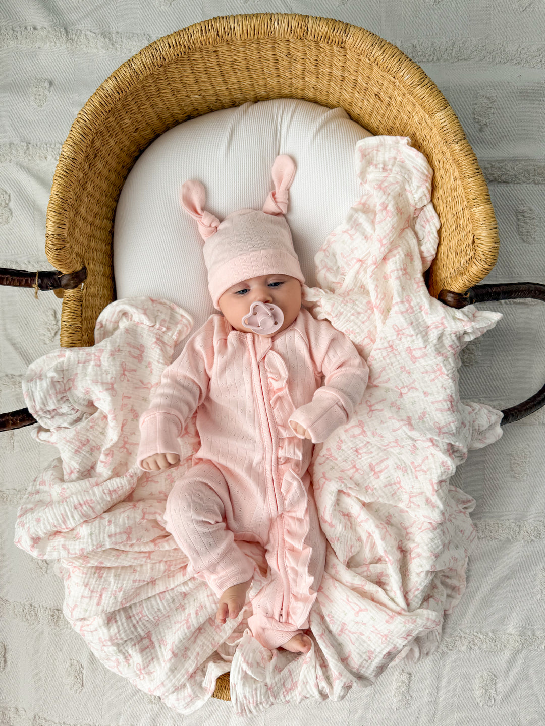 Essential Frill Zip Romper | Petal Pink Pointelle