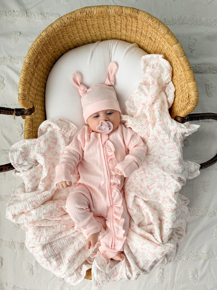 Essential Frill Zip Romper | Petal Pink Pointelle
