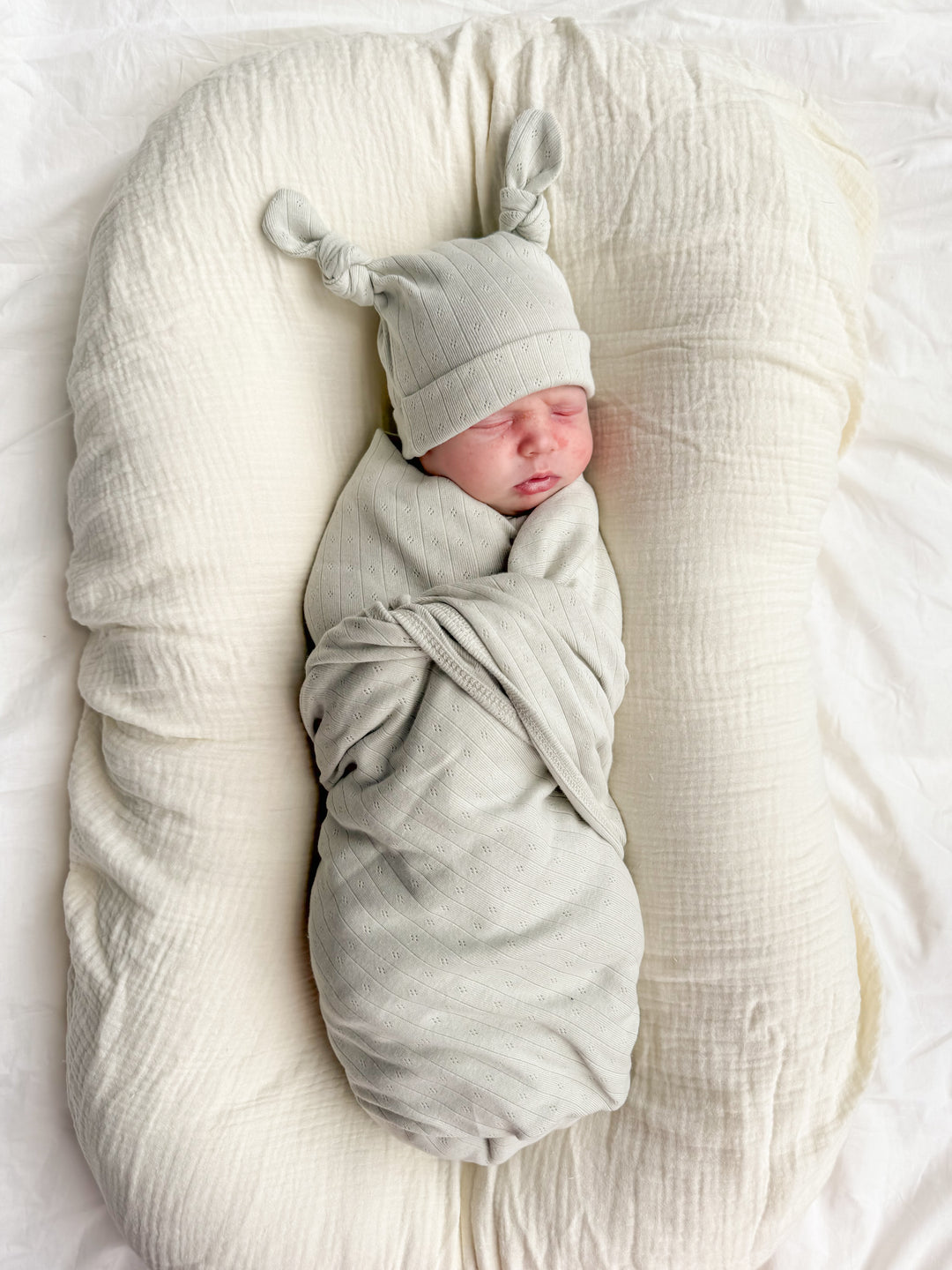 Essential Double Knot Beanie | Sage Green Pointelle