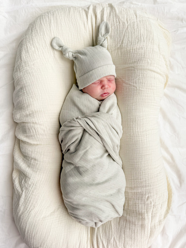 Essential Double Knot Beanie | Sage Green Pointelle
