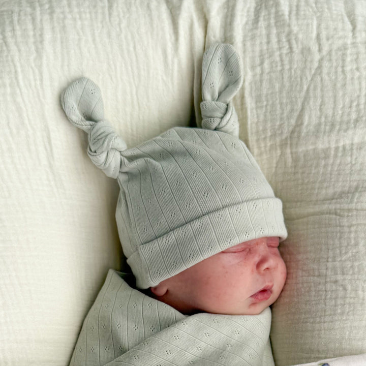 Essential Double Knot Beanie | Sage Green Pointelle