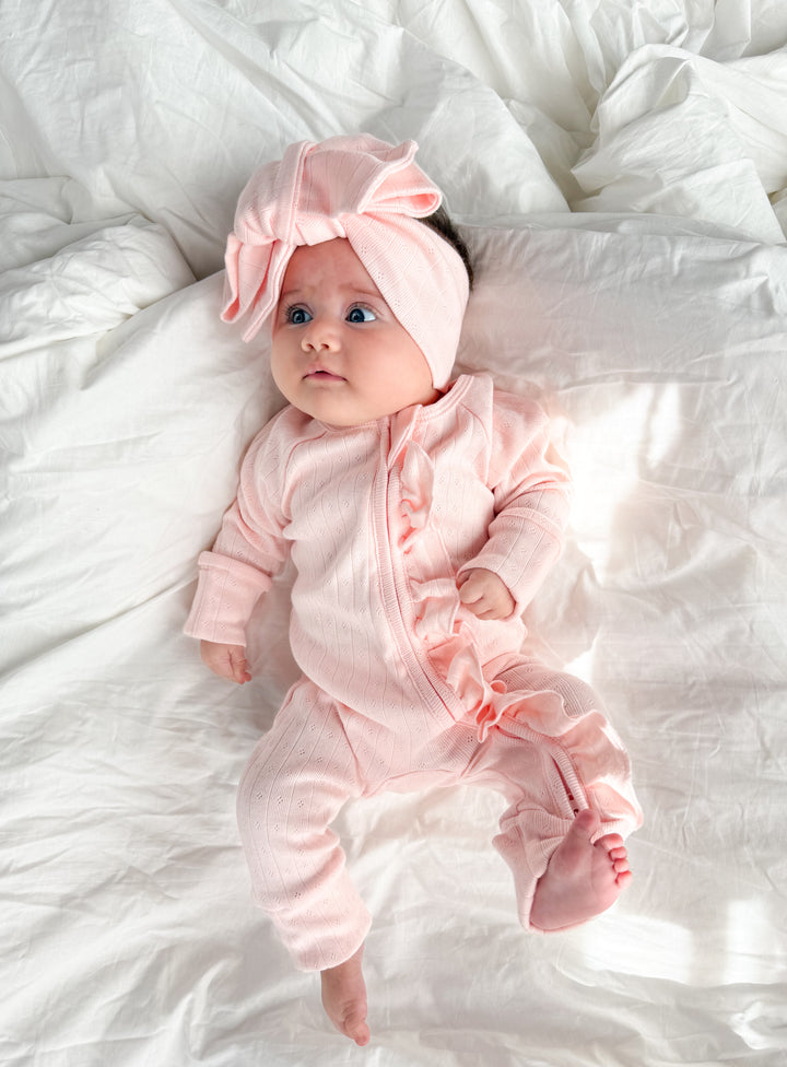 Essential Frill Zip Romper | Petal Pink Pointelle