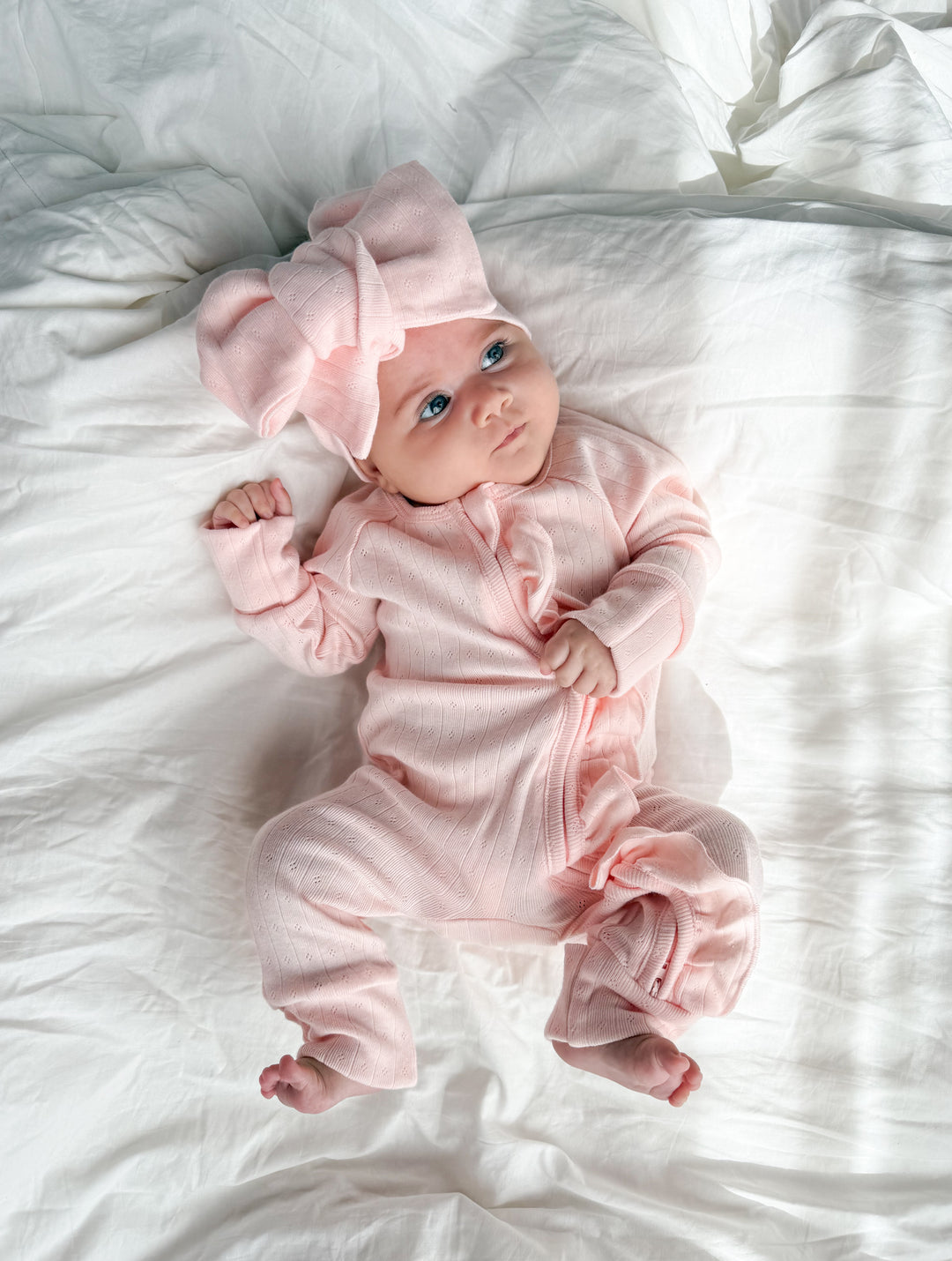 Essential Frill Zip Romper | Petal Pink Pointelle