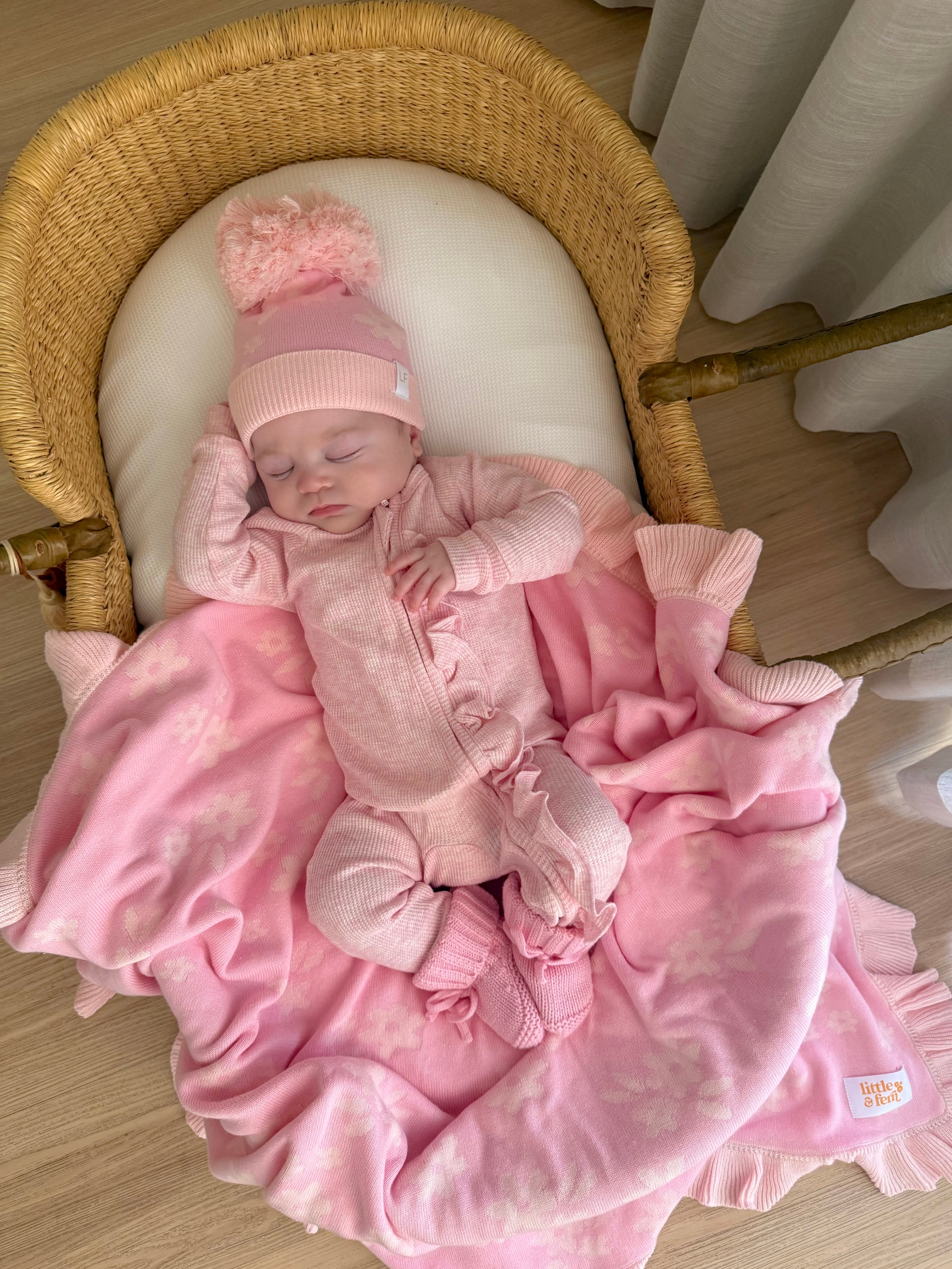 Frill Zip Romper | Baby Pink Marle Waffle – Little and Fern