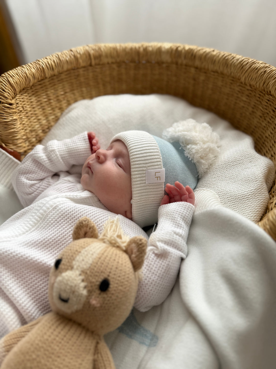 Knitted Pom Beanie |  Sky Blue Duo Tone