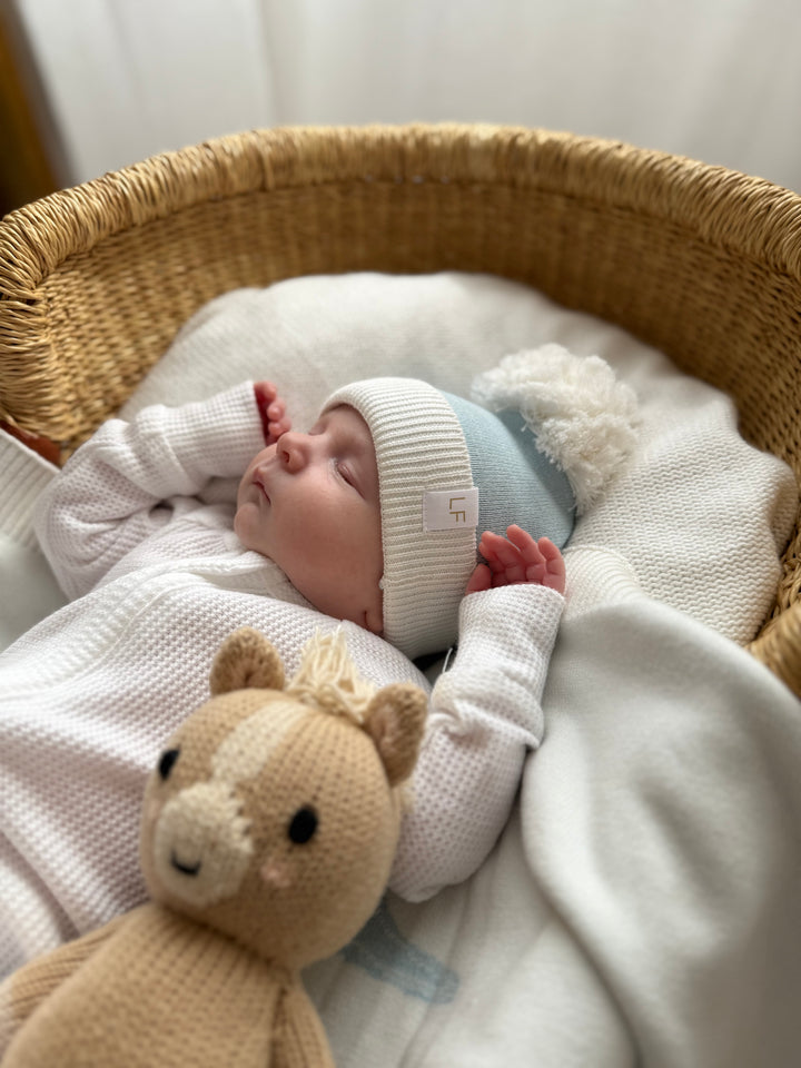 Knitted Pom Beanie |  Sky Blue Duo Tone