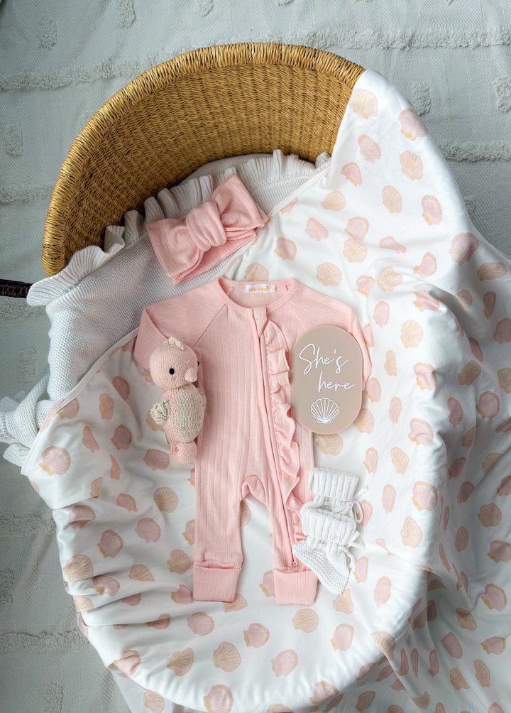 Essential Frill Zip Romper | Petal Pink Pointelle