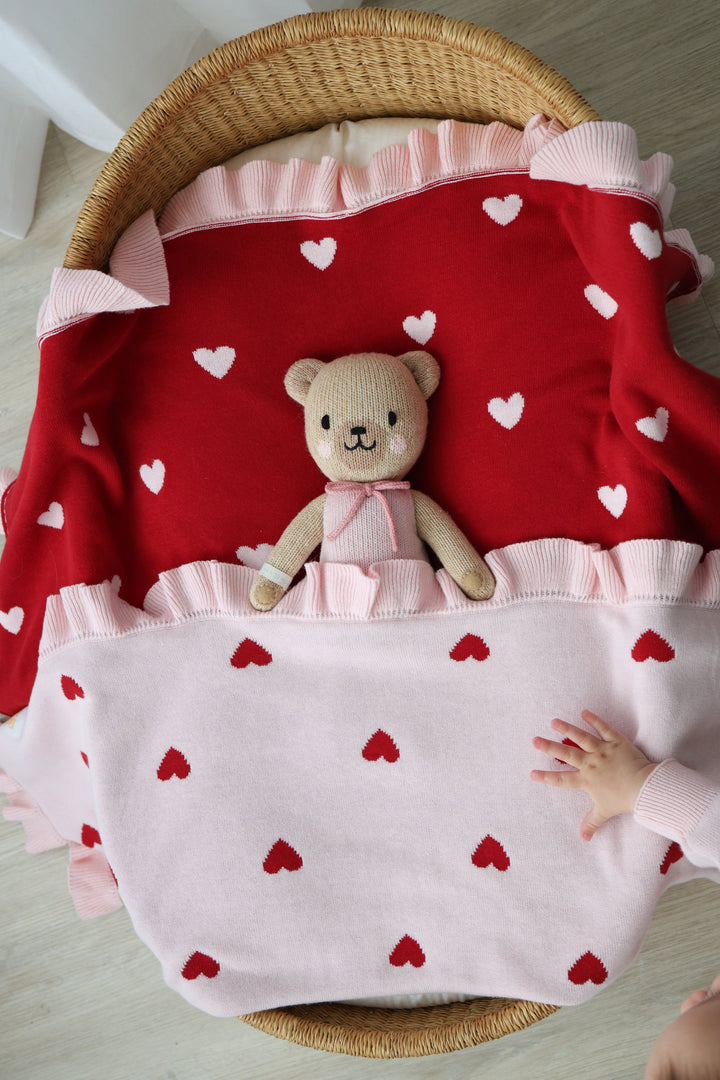 Frill Knit Blanket | Red Hearts