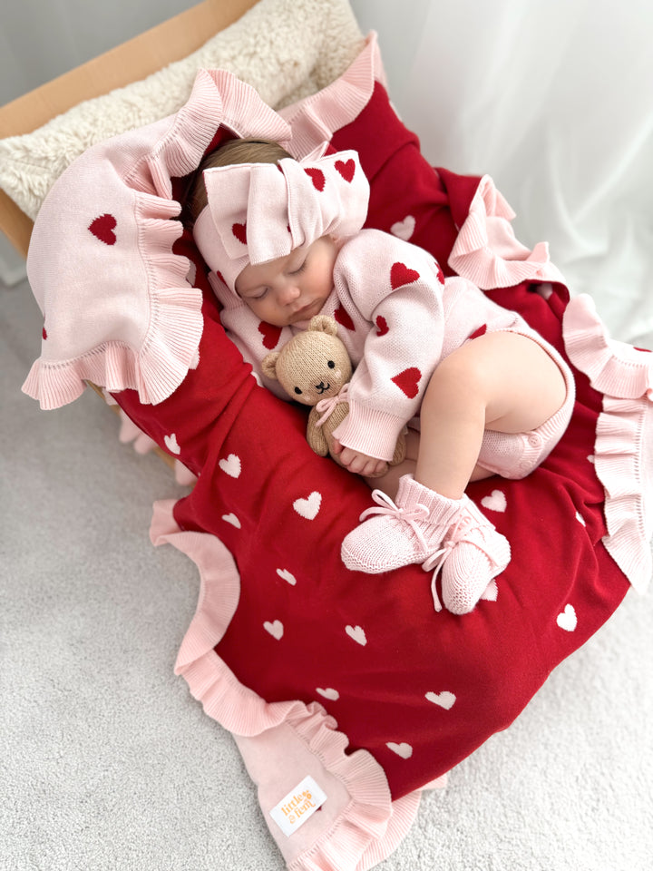 Frill Knit Blanket | Red Hearts
