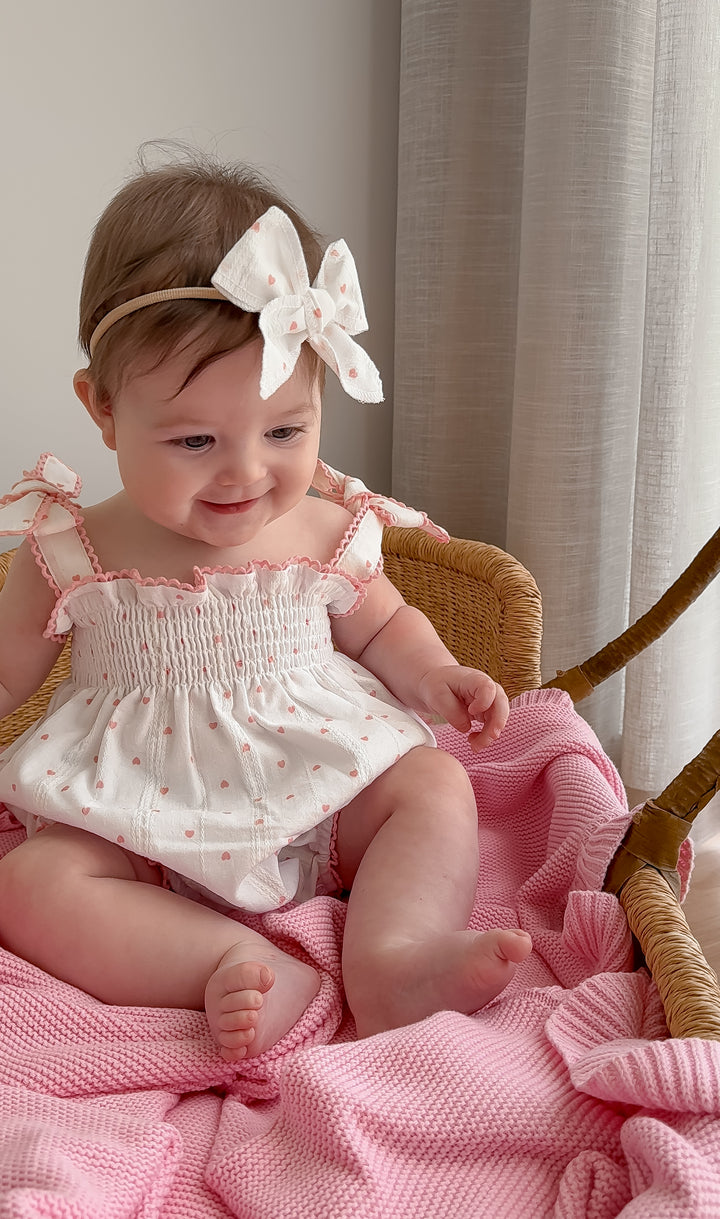 Tie Bubble Romper | Pink Hearts Cotton
