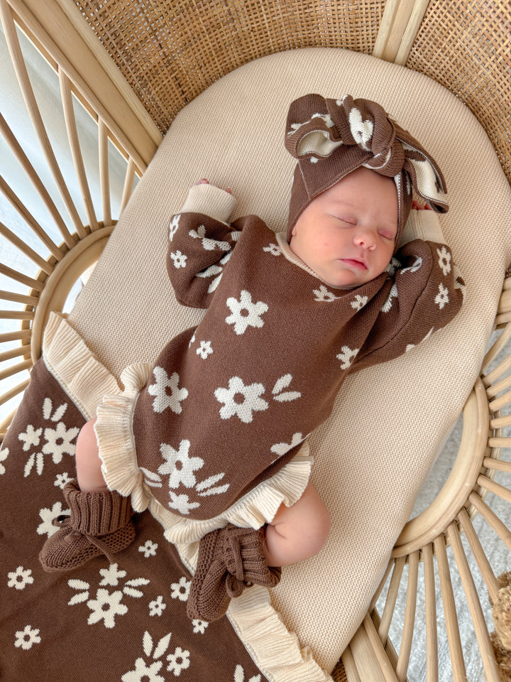 Frill Knit Romper | Daisy Floral Chocolate