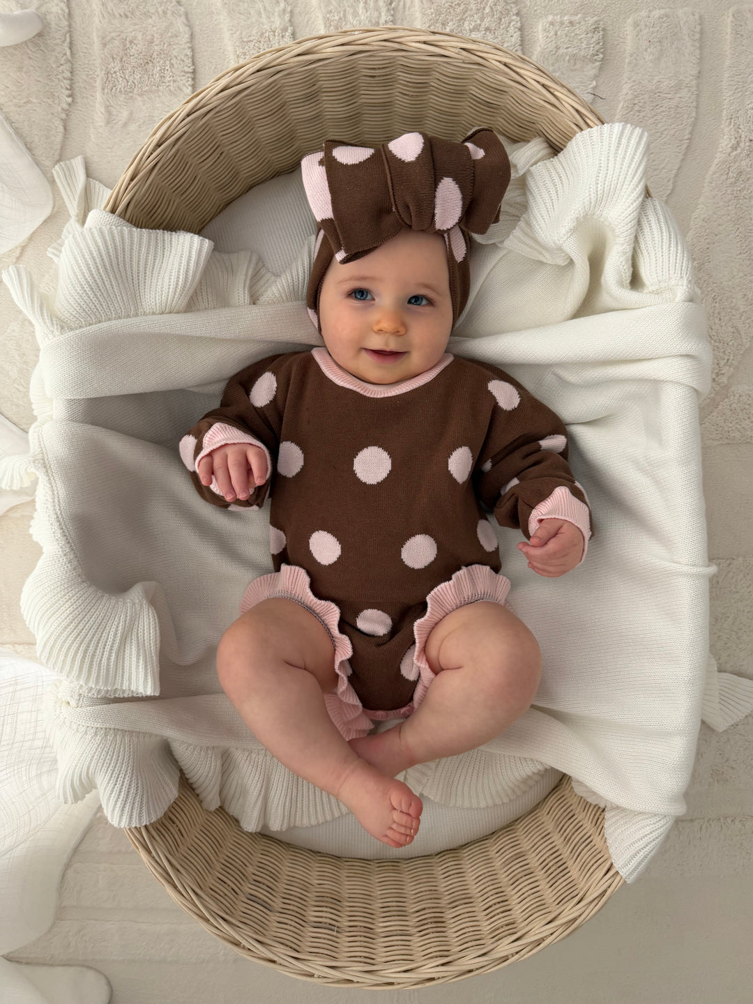 Frill Knit Romper | Choc Pink Polka