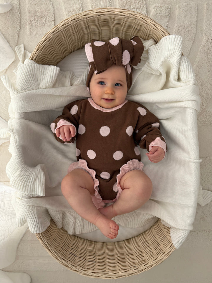 Frill Knit Romper | Choc Pink Polka
