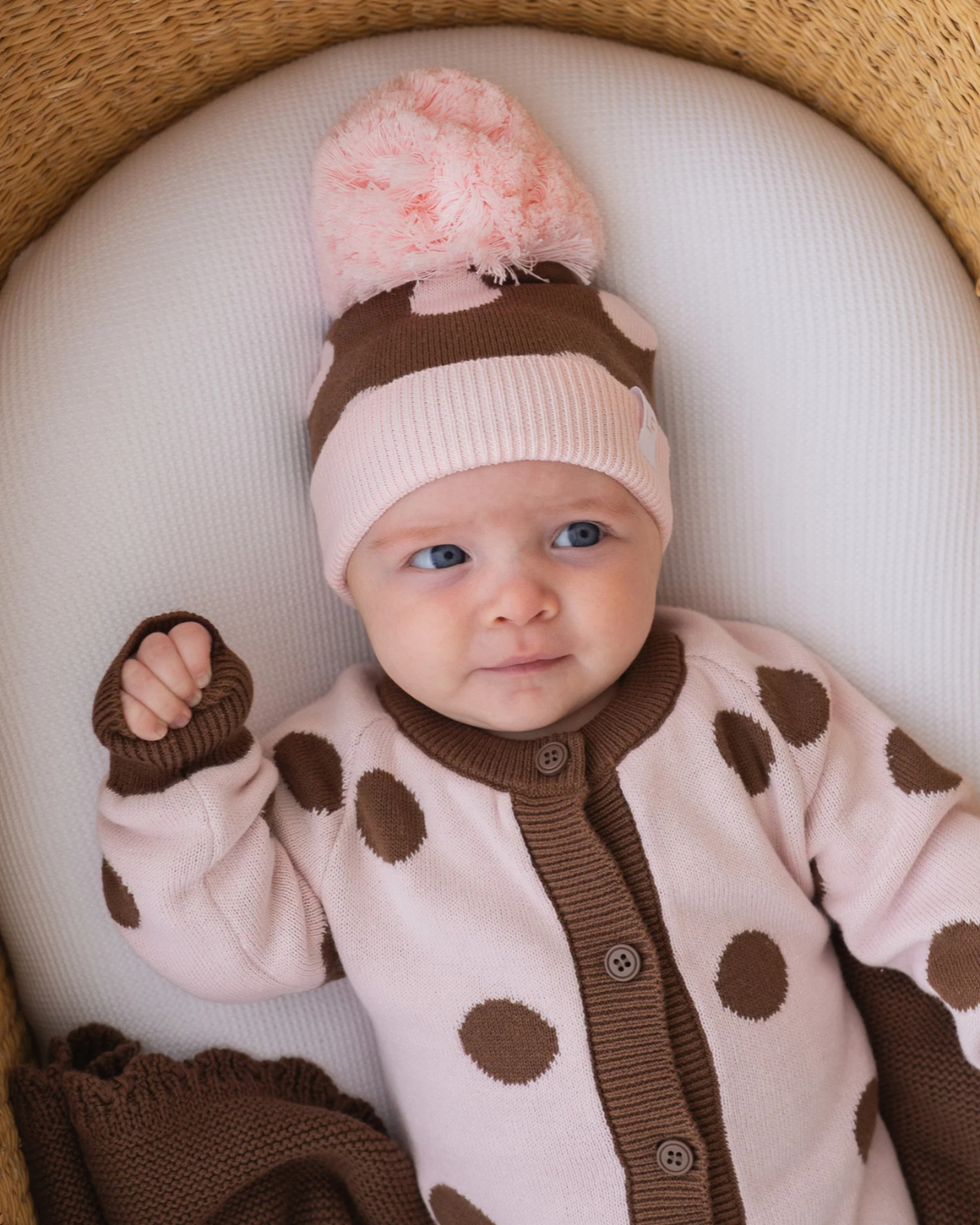 Knitted Pom Beanie | Choc Pink Polka
