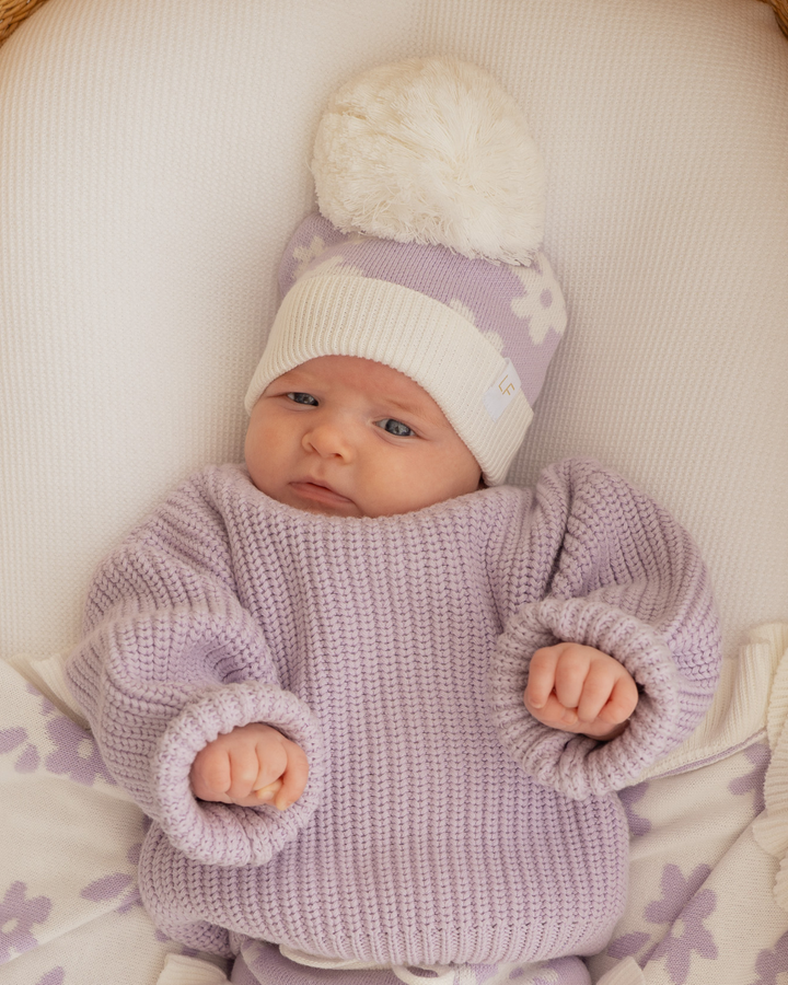 Knitted Pom Beanie | Daisy Floral Lilac
