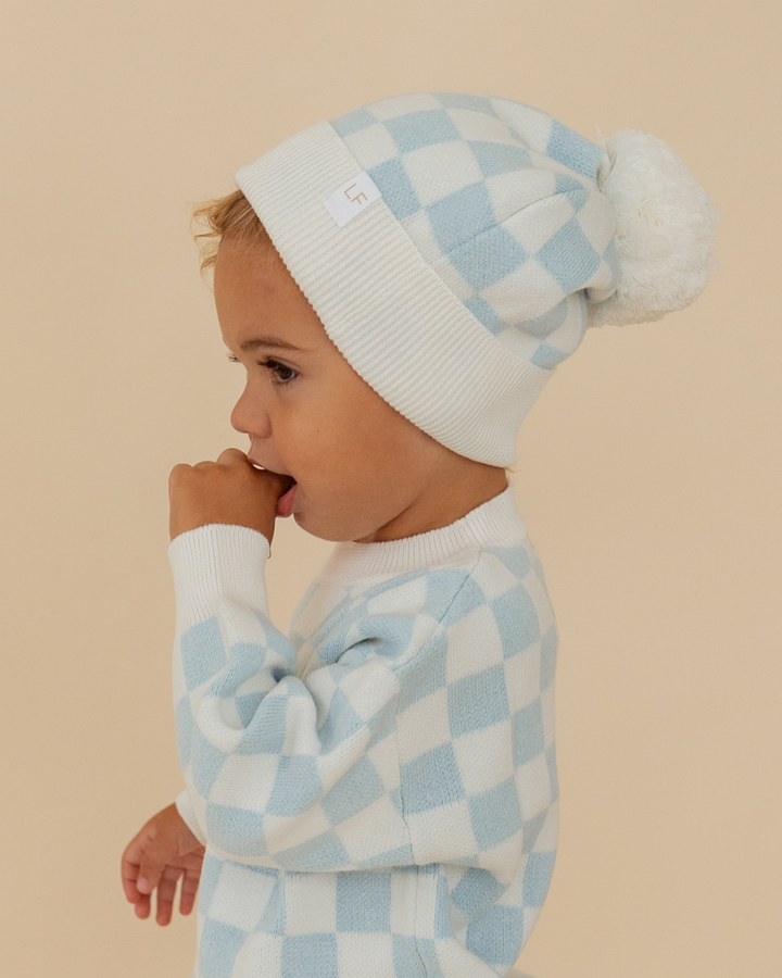 Knitted Pom Beanie | Blue Checker