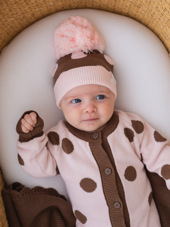 Knitted Pom Beanie | Choc Pink Polka