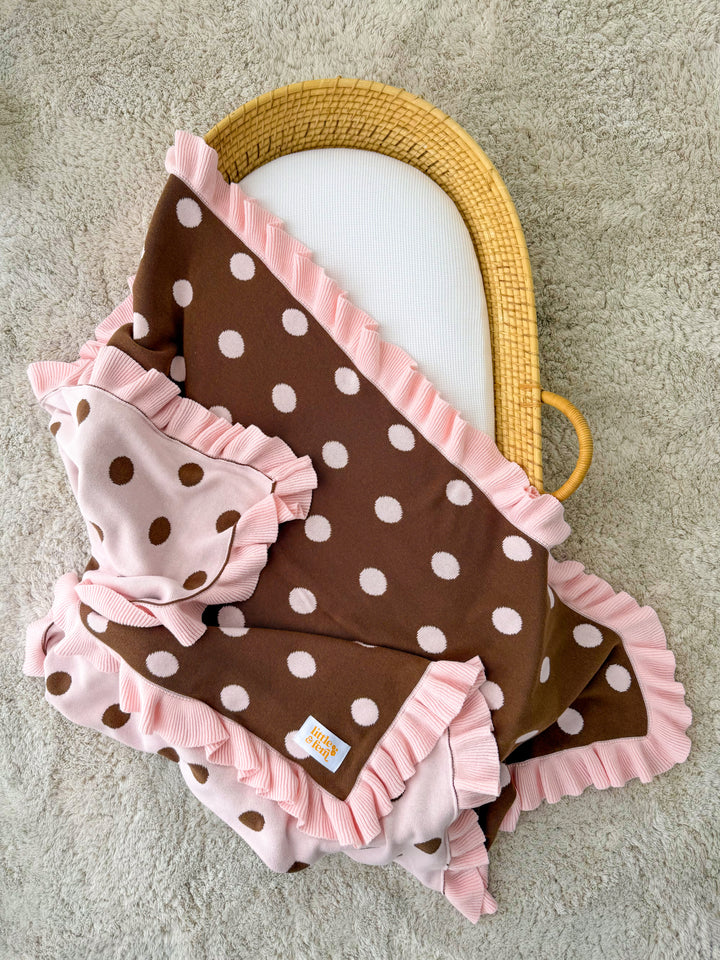 Frill Knit Blanket | Choc Pink Polka