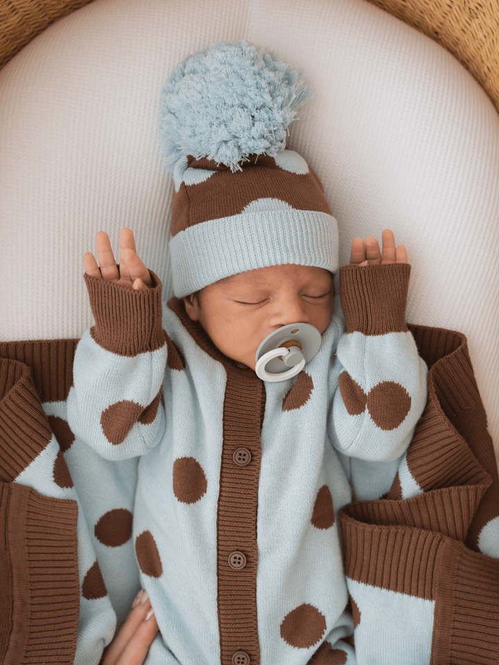Knitted Pom Beanie | Choc Blue Polka