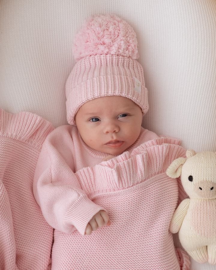 Knitted Pom Beanie | Strawberry Milk