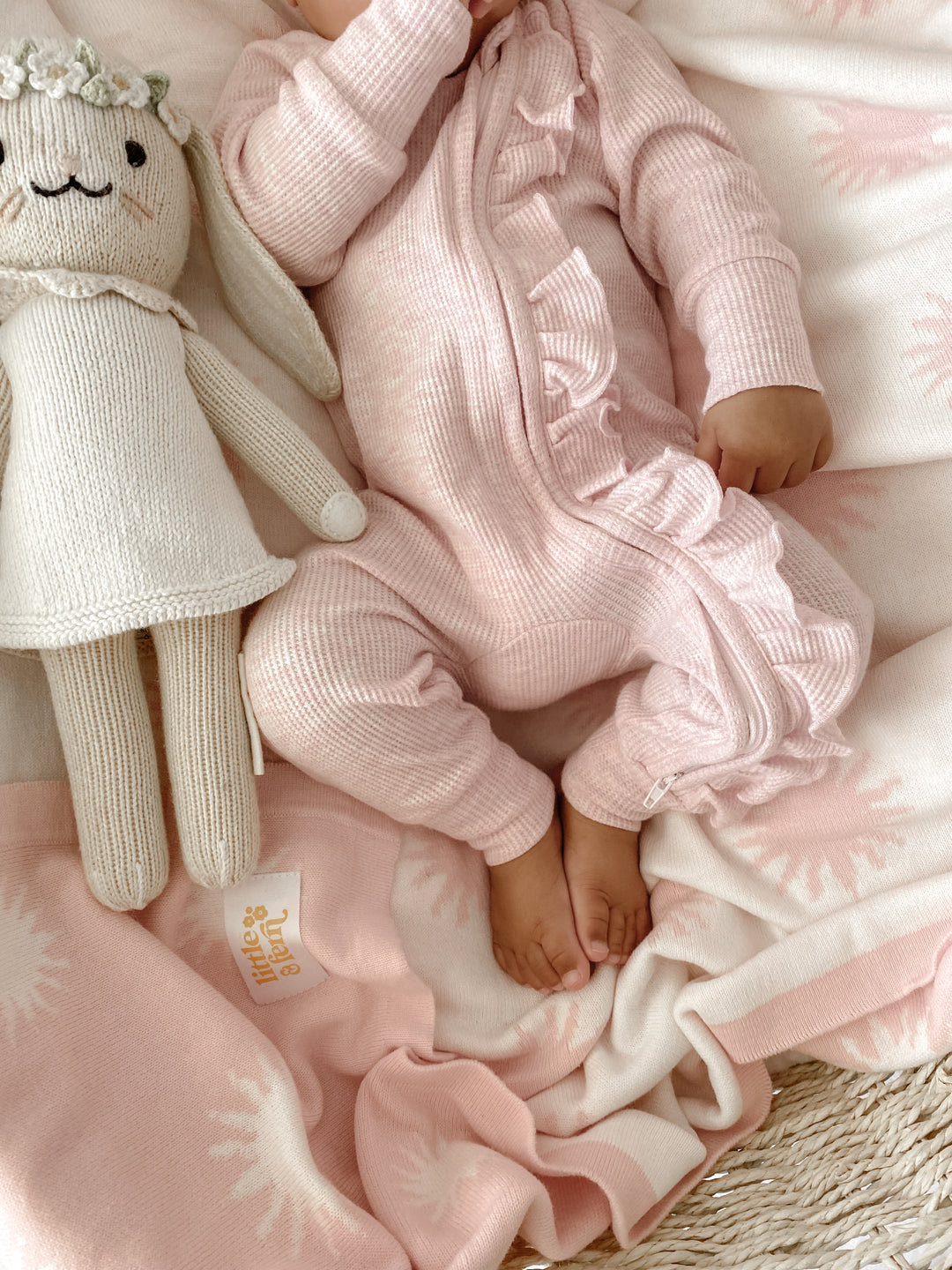 Frill Zip Romper | Baby Pink Marle Waffle